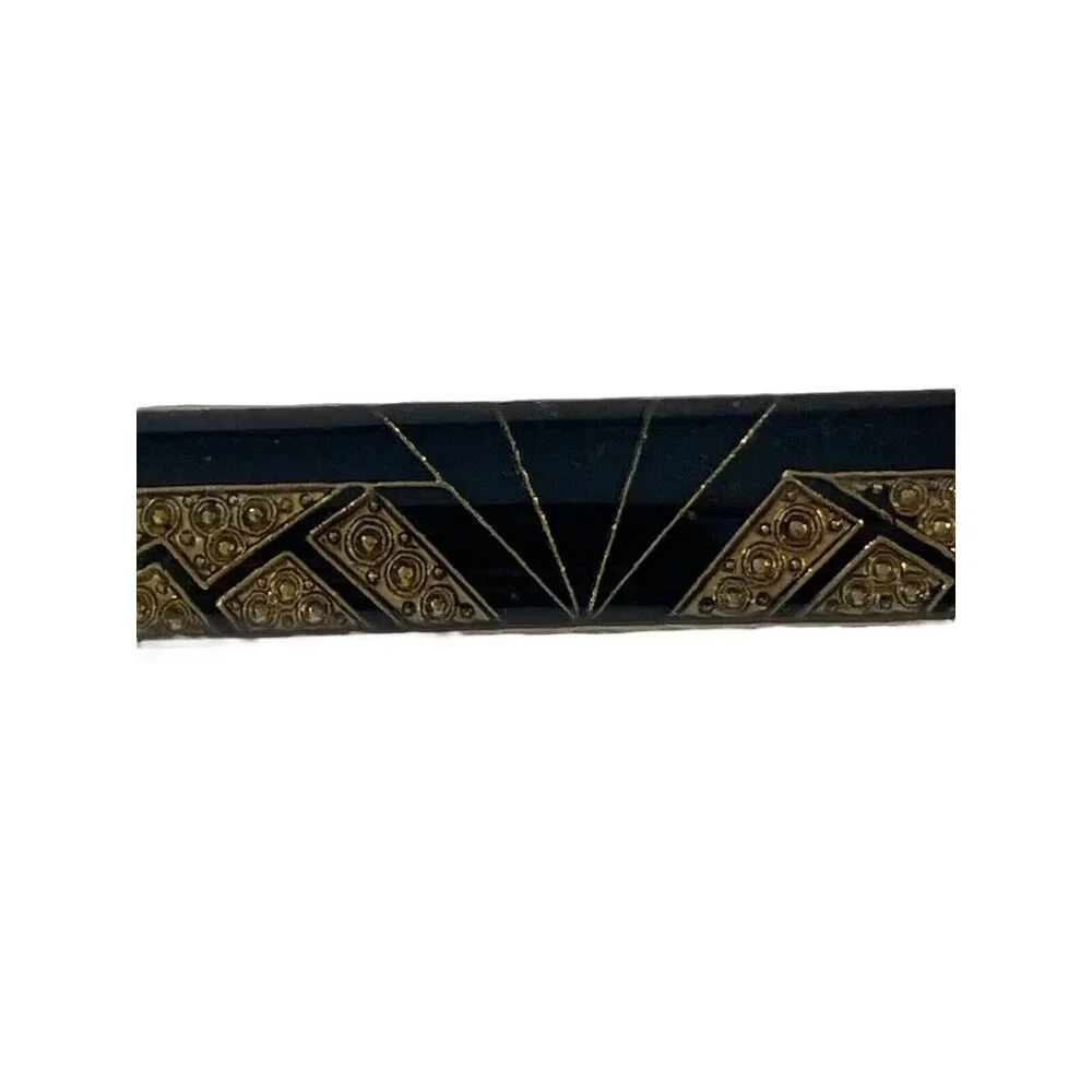 VTG Art‎ Deco Geometric Black Gold Tone Enamel Bar Pin Brooch